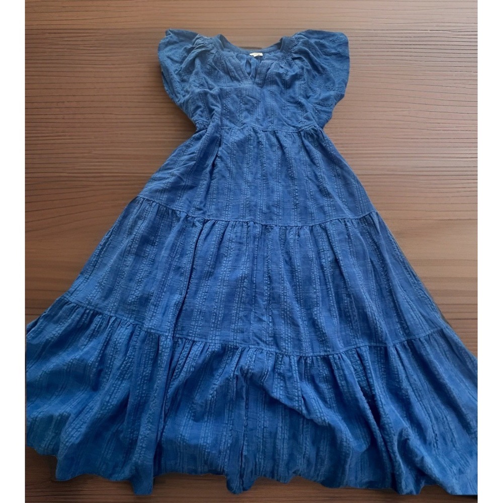 Blue Tiered Maxi Dress Petite‎ Large Flutter Sleeve Boho Cottagecore Lined